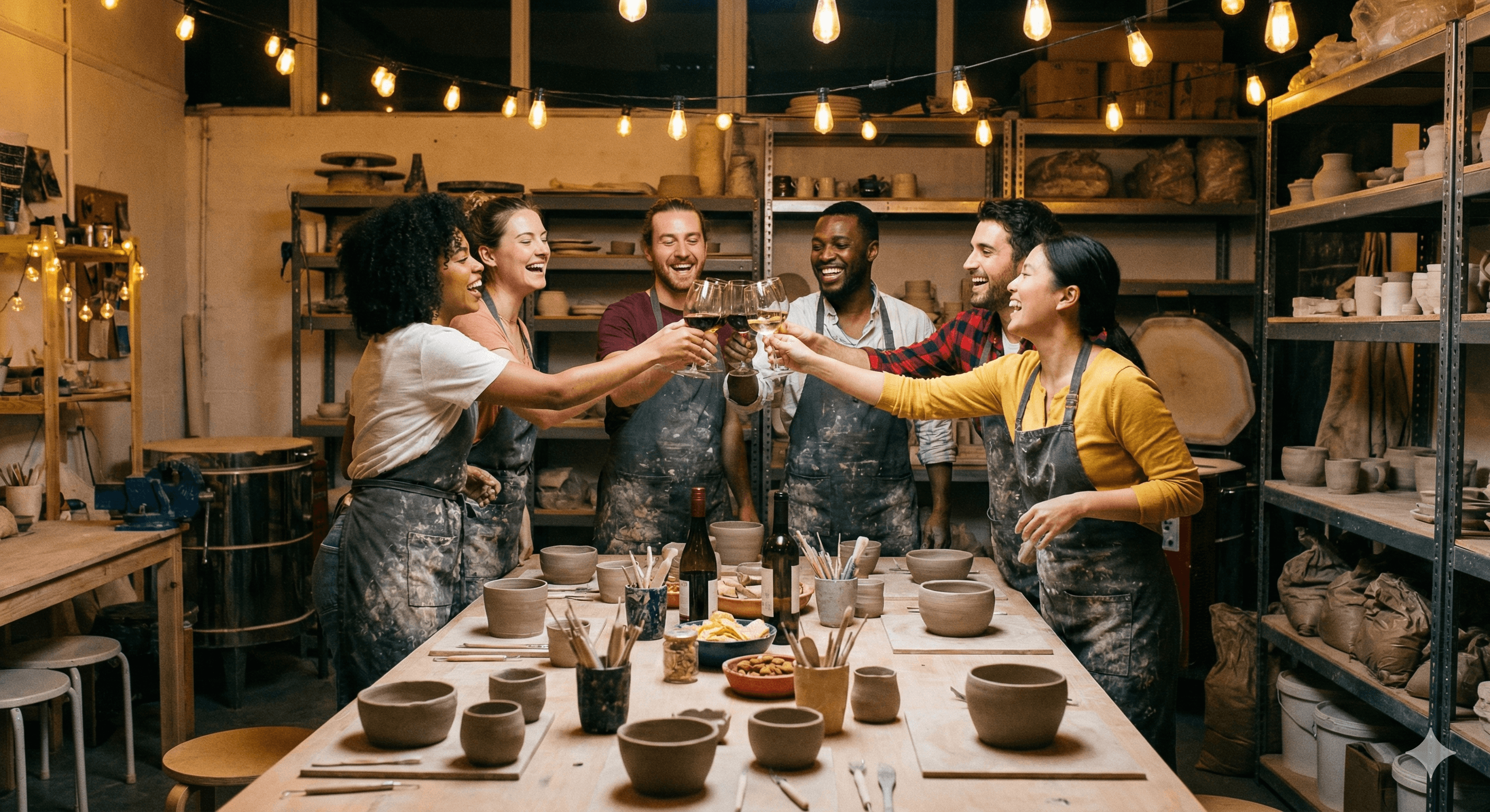 Group celebrating at pottery studio